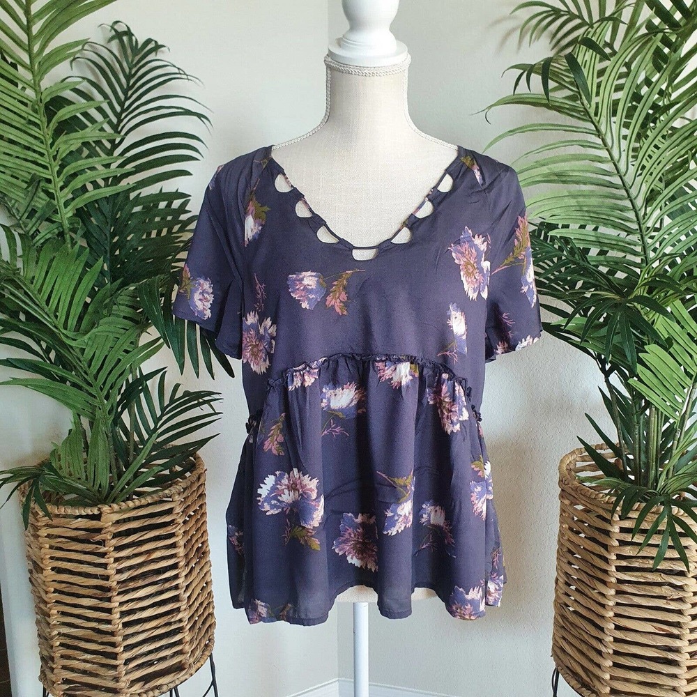 Lucky Brand Baby Doll Gray Blouse Shirt Top Womens Size Medium